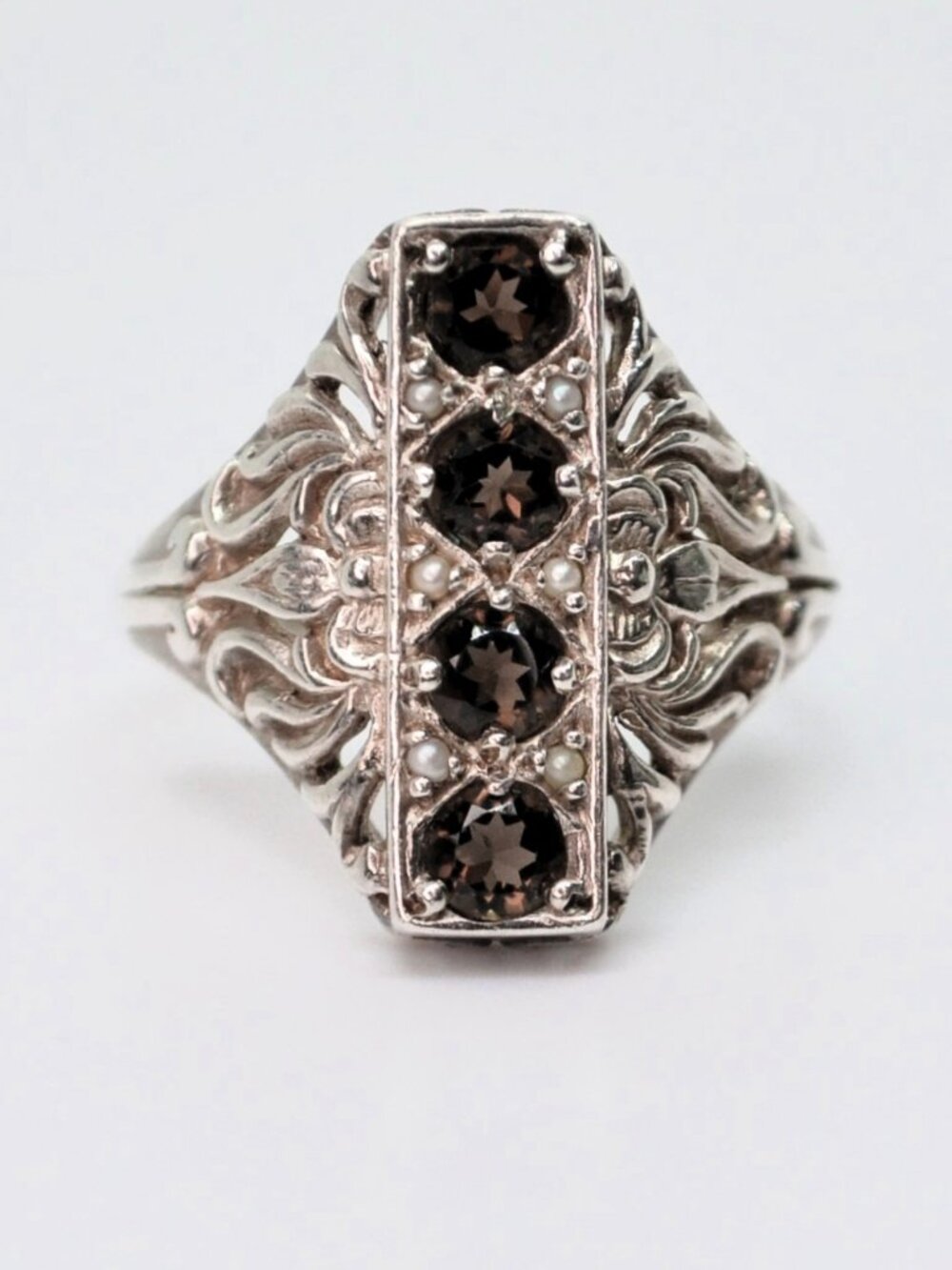Vintage Art Deco Smoky Quartz 4 stone & pearl Ring .925 Silver US Size 6.5